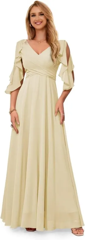 Ruffle Sleeves Bridesmaid Dresses for Women Formal V Neck Chiffon Cold Shoulder Long Evening Party Dress