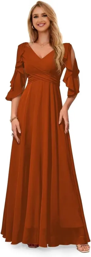 Ruffle Sleeves Bridesmaid Dresses for Women Formal V Neck Chiffon Cold Shoulder Long Evening Party Dress
