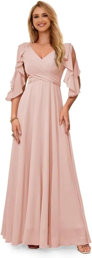Ruffle Sleeves Bridesmaid Dresses for Women Formal V Neck Chiffon Cold Shoulder Long Evening Party Dress