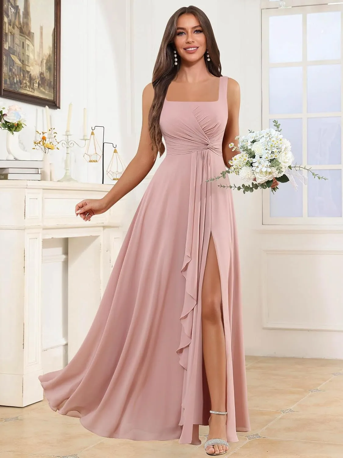 Ruffles Navy Blue Bridesmaid Dresses with Slit Square Neck Pleated Formal Dress for Women