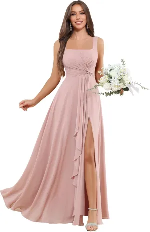 Ruffles Navy Blue Bridesmaid Dresses with Slit Square Neck Pleated Formal Dress for Women