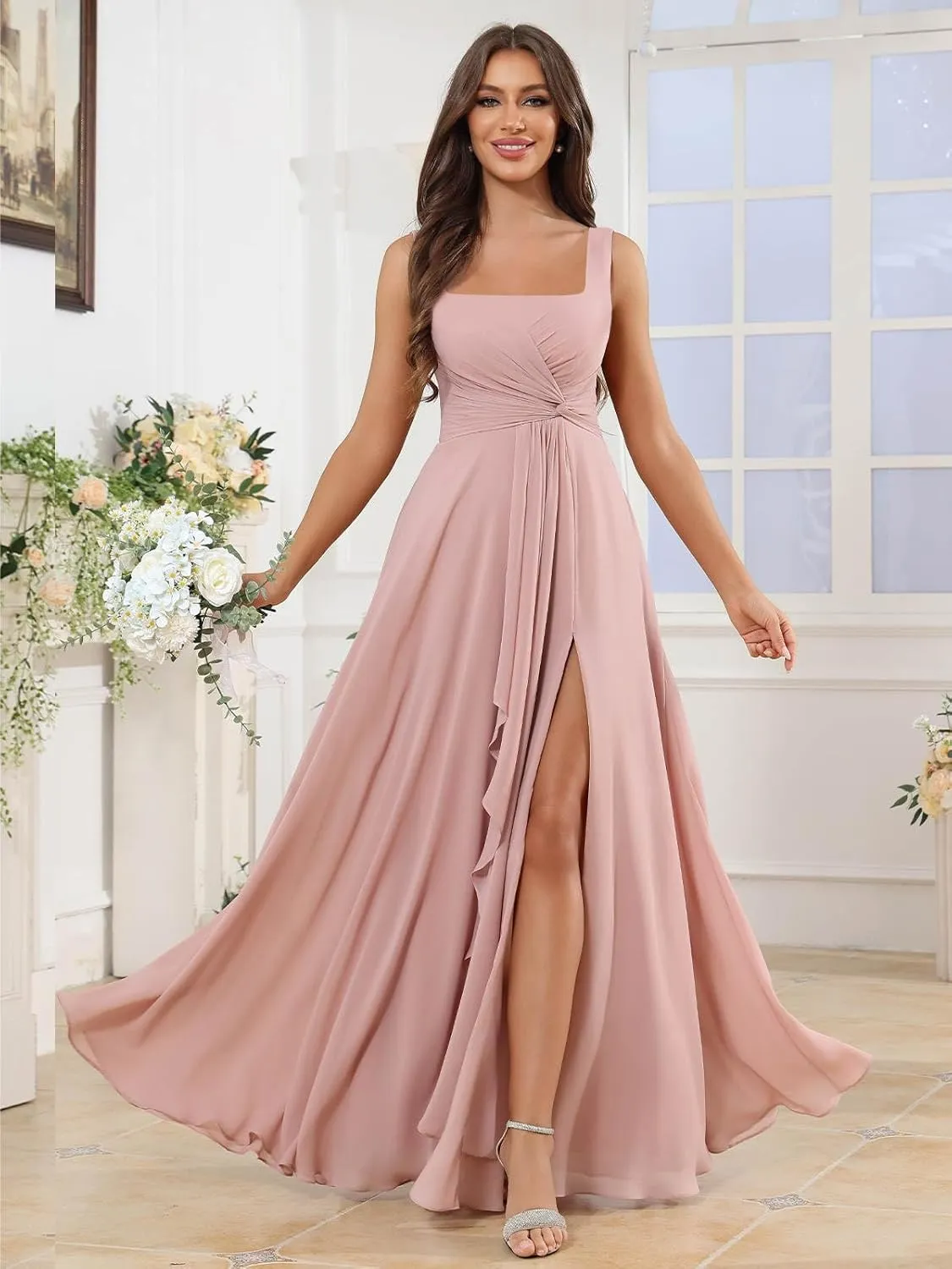 Ruffles Navy Blue Bridesmaid Dresses with Slit Square Neck Pleated Formal Dress for Women