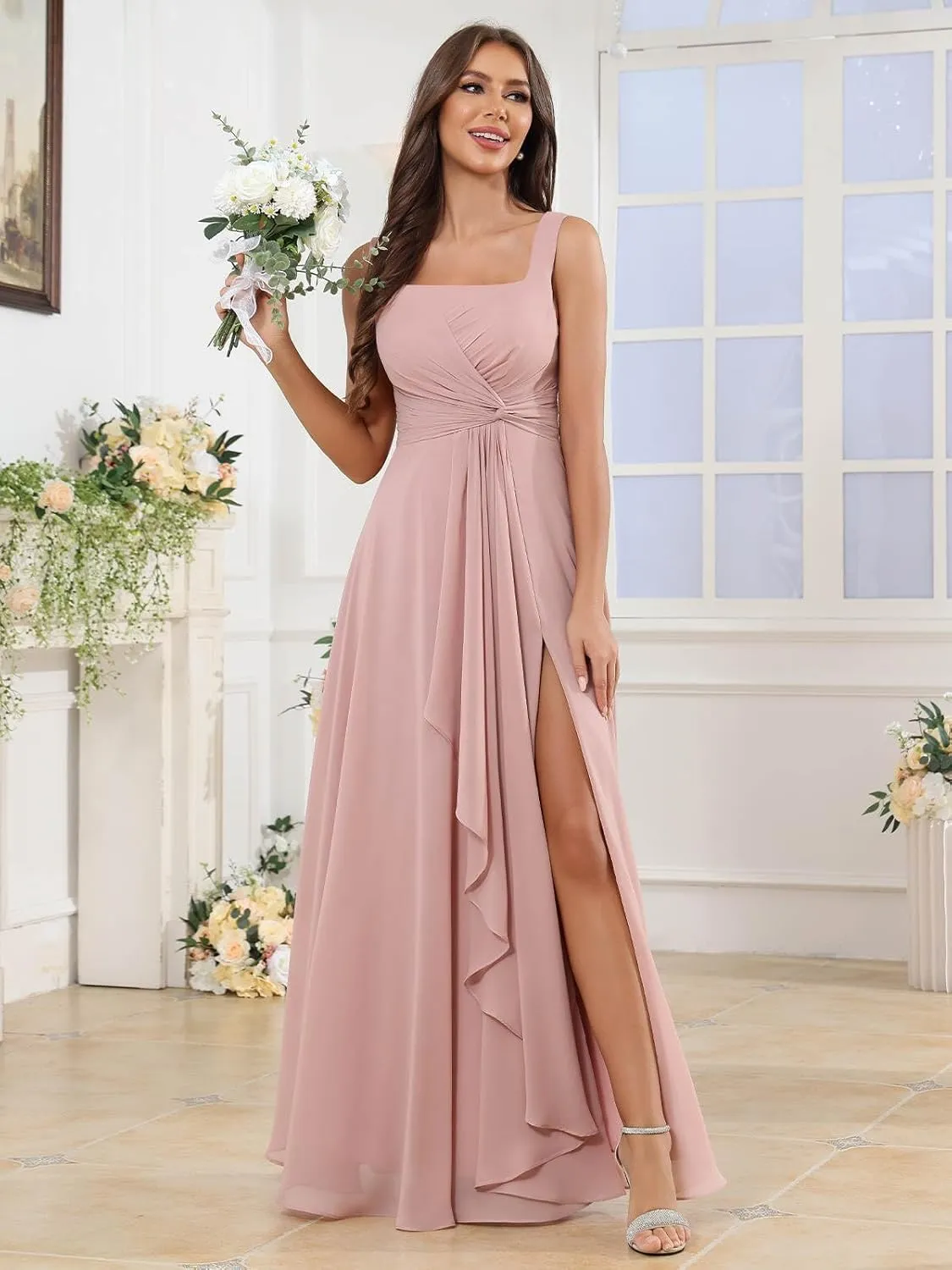 Ruffles Navy Blue Bridesmaid Dresses with Slit Square Neck Pleated Formal Dress for Women