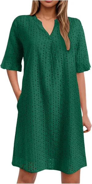 Rvidbe Women's 2025 Summer Short Sleeve Mini Dress V Neck Ruffle Hollow Out Eyelet Lace Dresses Vacation Beach Sundress