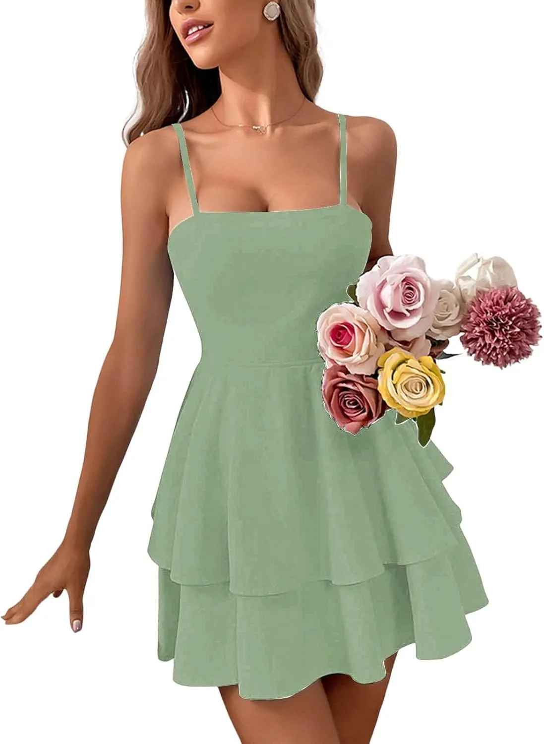Rvidbe Women's Backless Bow Tie Short Dress 2025 Summer Casual Spaghetti Strap Tiered Ruffle Mini Dresses Party Club Outfit