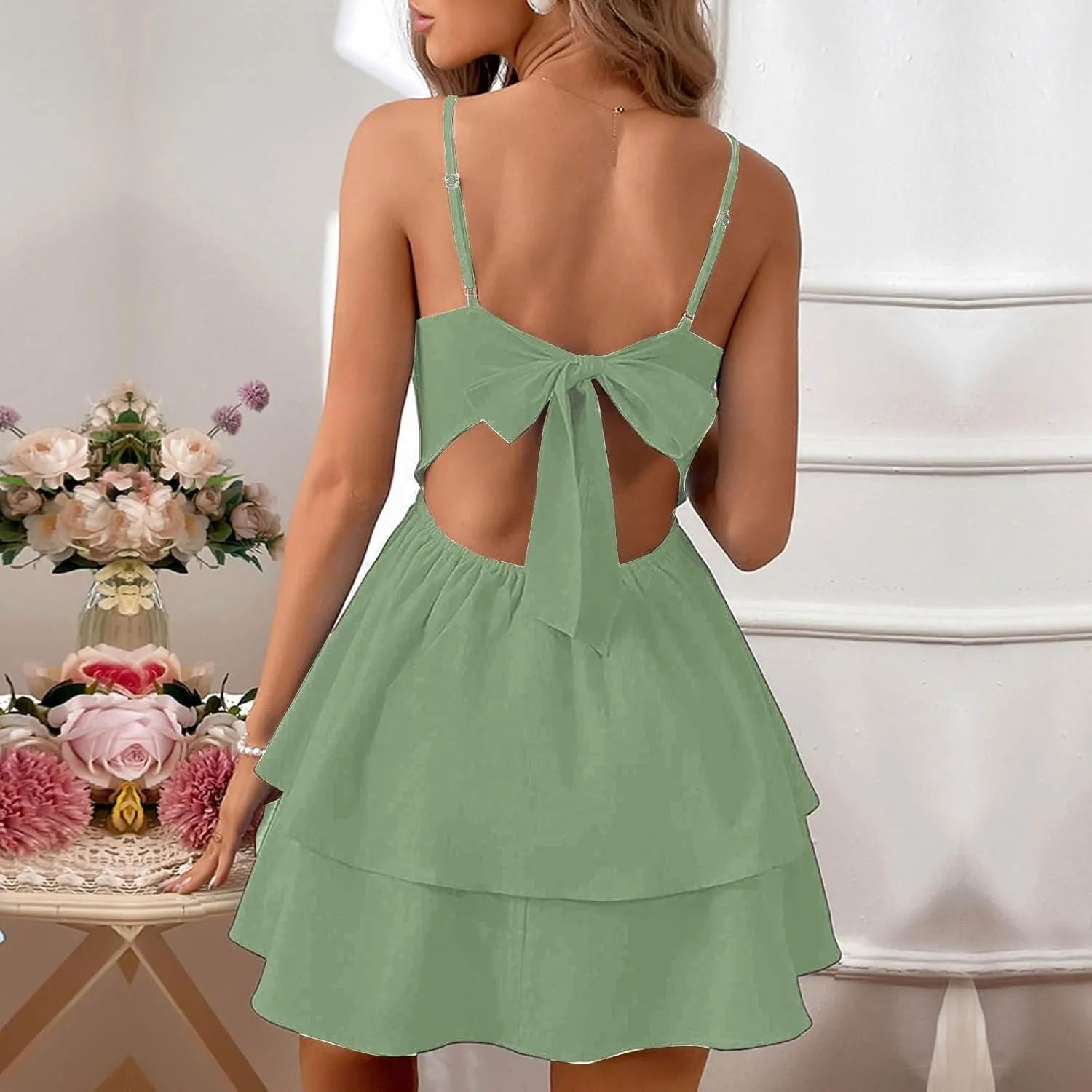 Rvidbe Women's Backless Bow Tie Short Dress 2025 Summer Casual Spaghetti Strap Tiered Ruffle Mini Dresses Party Club Outfit