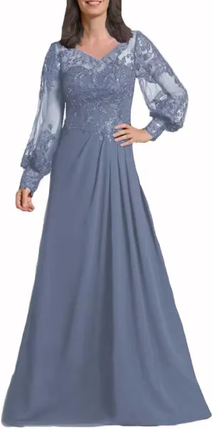Sequin Laces Mother of The Bride Dresses with Sleeves Long Chiffon V Neck Formal Wedding Evening Gowns