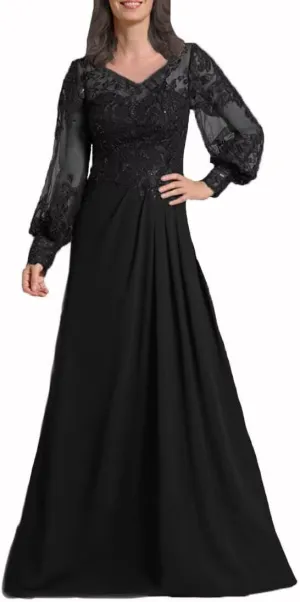 Sequin Laces Mother of The Bride Dresses with Sleeves Long Chiffon V Neck Formal Wedding Evening Gowns