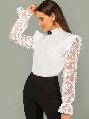 Shirred Neck Embroidered Mesh Sleeve Ruffle Trim Top