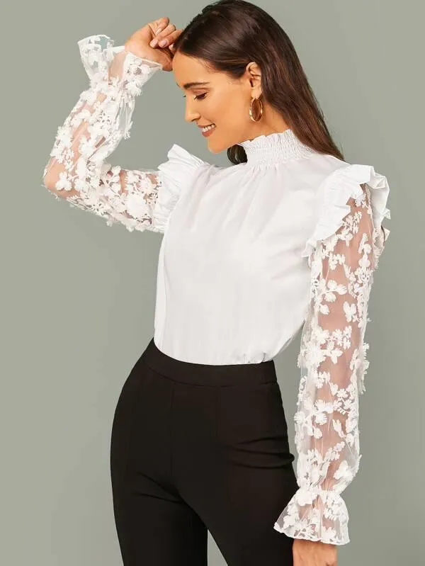 Shirred Neck Embroidered Mesh Sleeve Ruffle Trim Top
