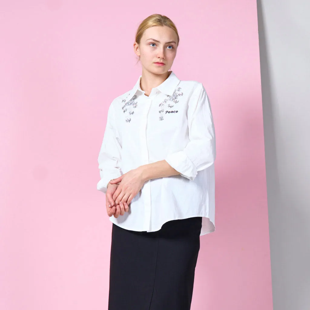 Shirt with rhinestones decorations and stitched "Peace" wholesale