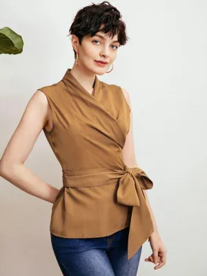 Solid Wrap Belted Sleeveless Top