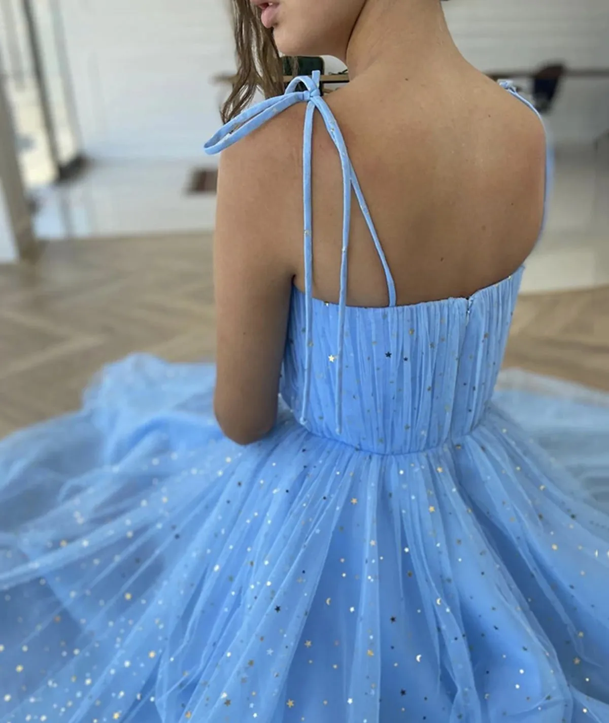 Spaghetti Straps Blue Tea Length Tulle Prom Dresses, Blue Tea length Formal Homecoming Dresses