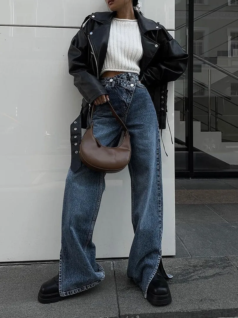 Split front cross Straight Jeans