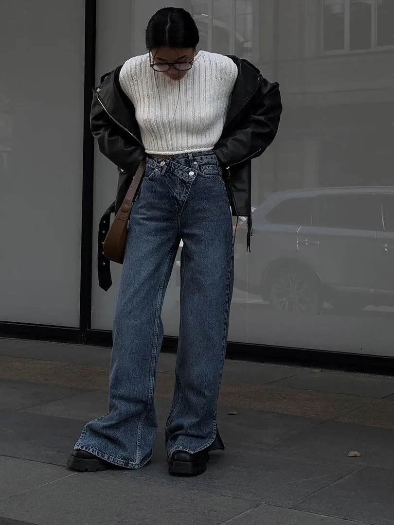 Split front cross Straight Jeans