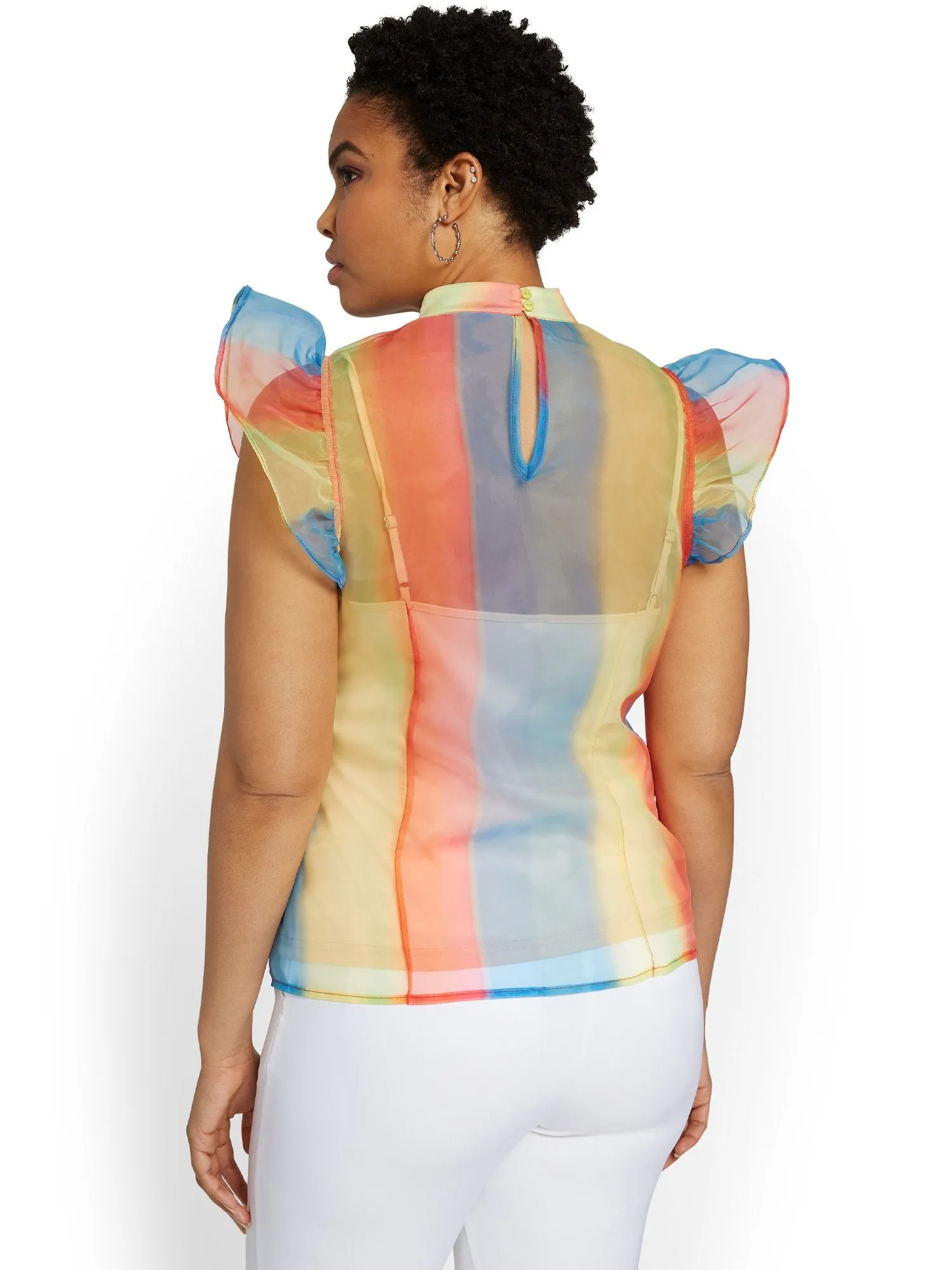 Striped Organza Flutter-Sleeve Top