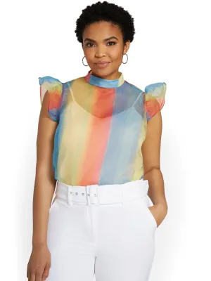Striped Organza Flutter-Sleeve Top