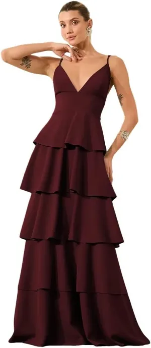 Tiered Ruffles Bridesmaid Dresses Long Chiffon V Neck Pleated Formal Evening Dress Hi011