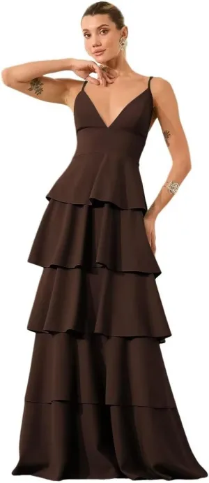 Tiered Ruffles Bridesmaid Dresses Long Chiffon V Neck Pleated Formal Evening Dress Hi011