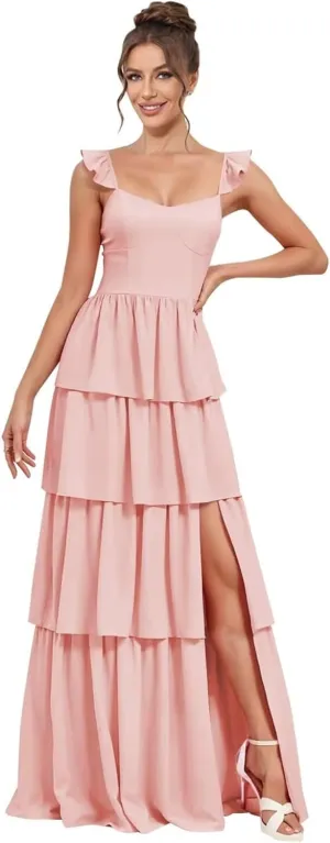 TIRAS Tiered Chiffon Bridesmaid Dresses Spaghetti Straps Ruffled V Neck Long Cocktail Gown with Slit CM425