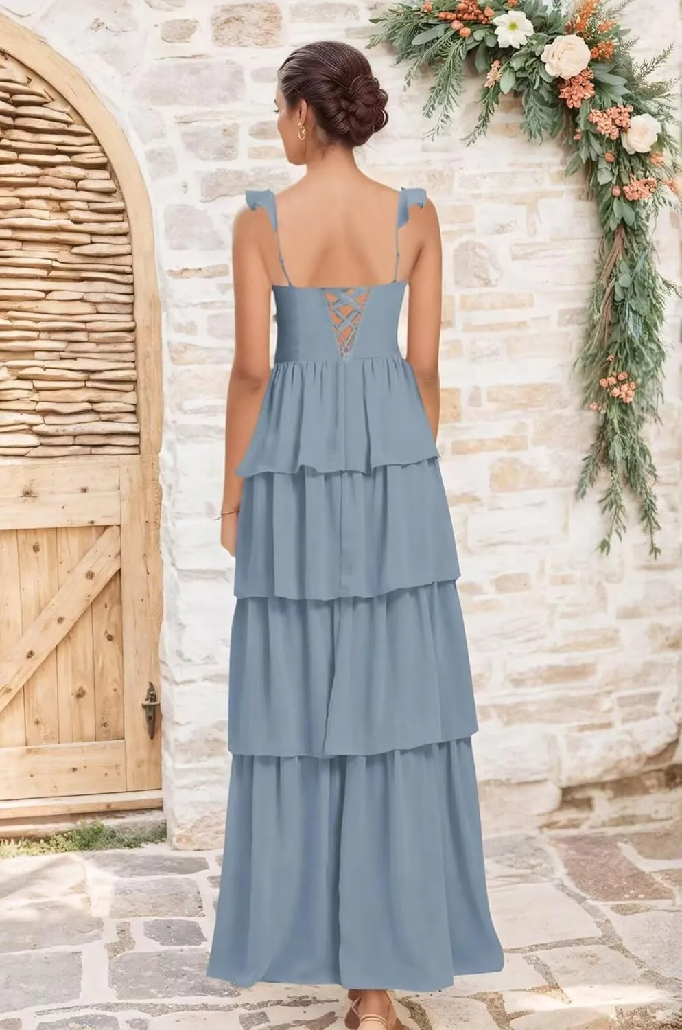 TIRAS Tiered Chiffon Bridesmaid Dresses Spaghetti Straps Ruffled V Neck Long Cocktail Gown with Slit CM425