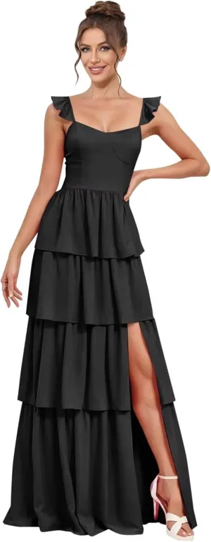 TIRAS Tiered Chiffon Bridesmaid Dresses Spaghetti Straps Ruffled V Neck Long Cocktail Gown with Slit CM425