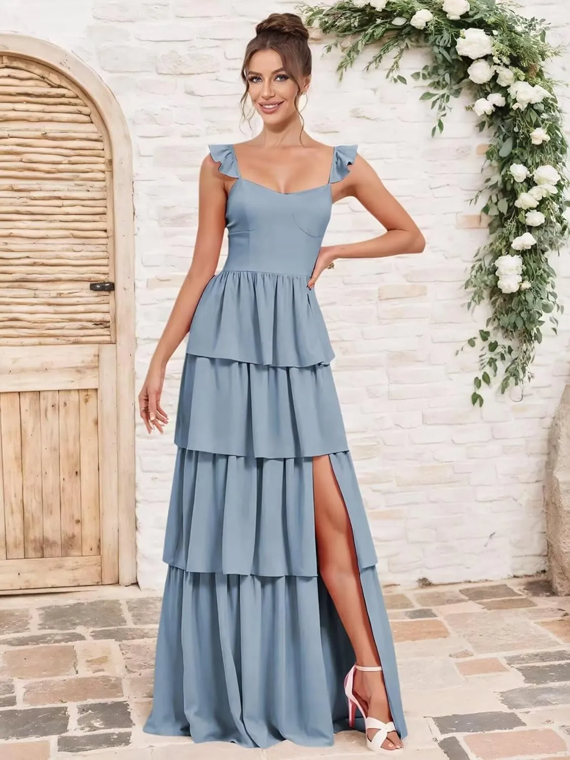 TIRAS Tiered Chiffon Bridesmaid Dresses Spaghetti Straps Ruffled V Neck Long Cocktail Gown with Slit CM425