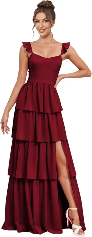 TIRAS Tiered Chiffon Bridesmaid Dresses Spaghetti Straps Ruffled V Neck Long Cocktail Gown with Slit CM425