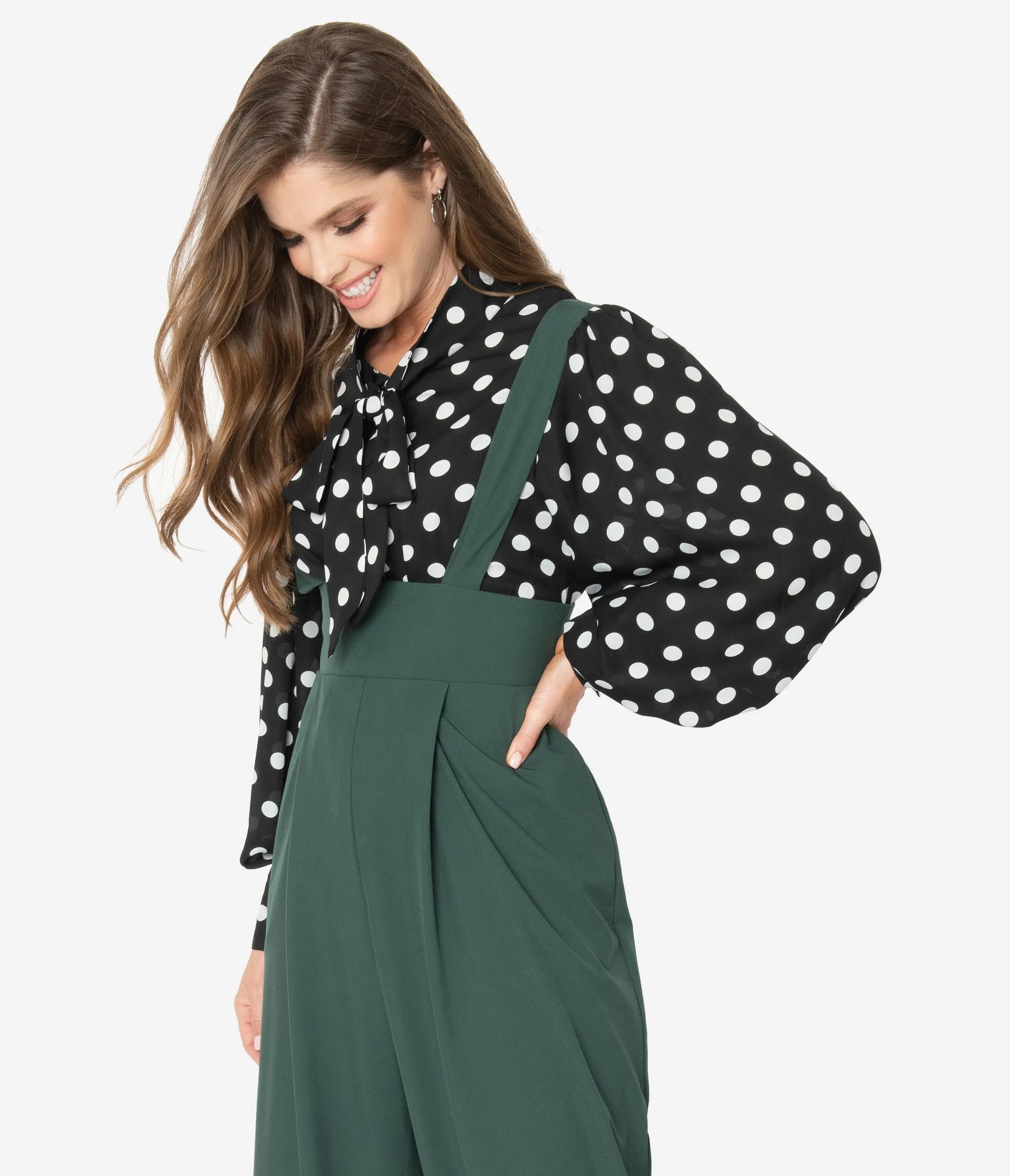 Unique Vintage Black & White Polka Dot Neck Tie Gwen Blouse