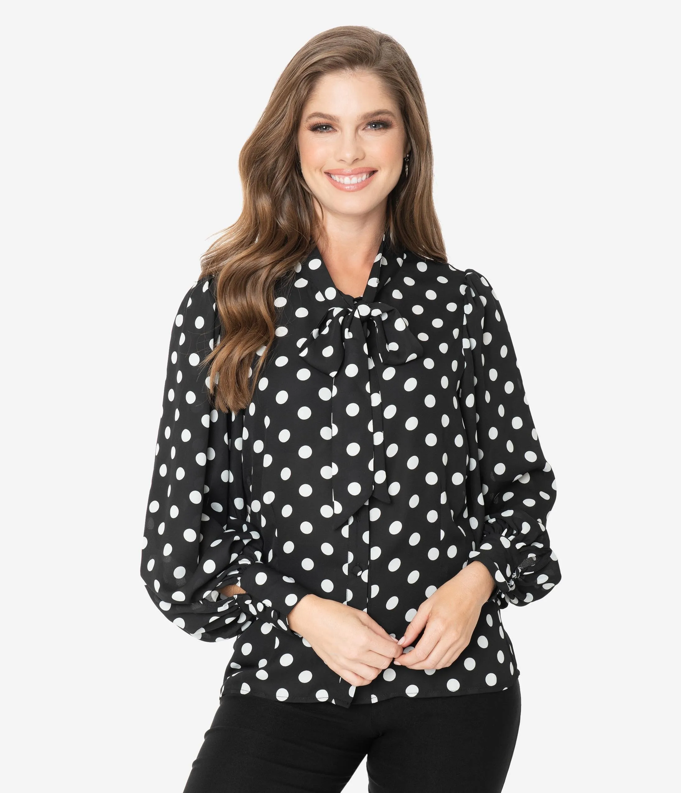 Unique Vintage Black & White Polka Dot Neck Tie Gwen Blouse