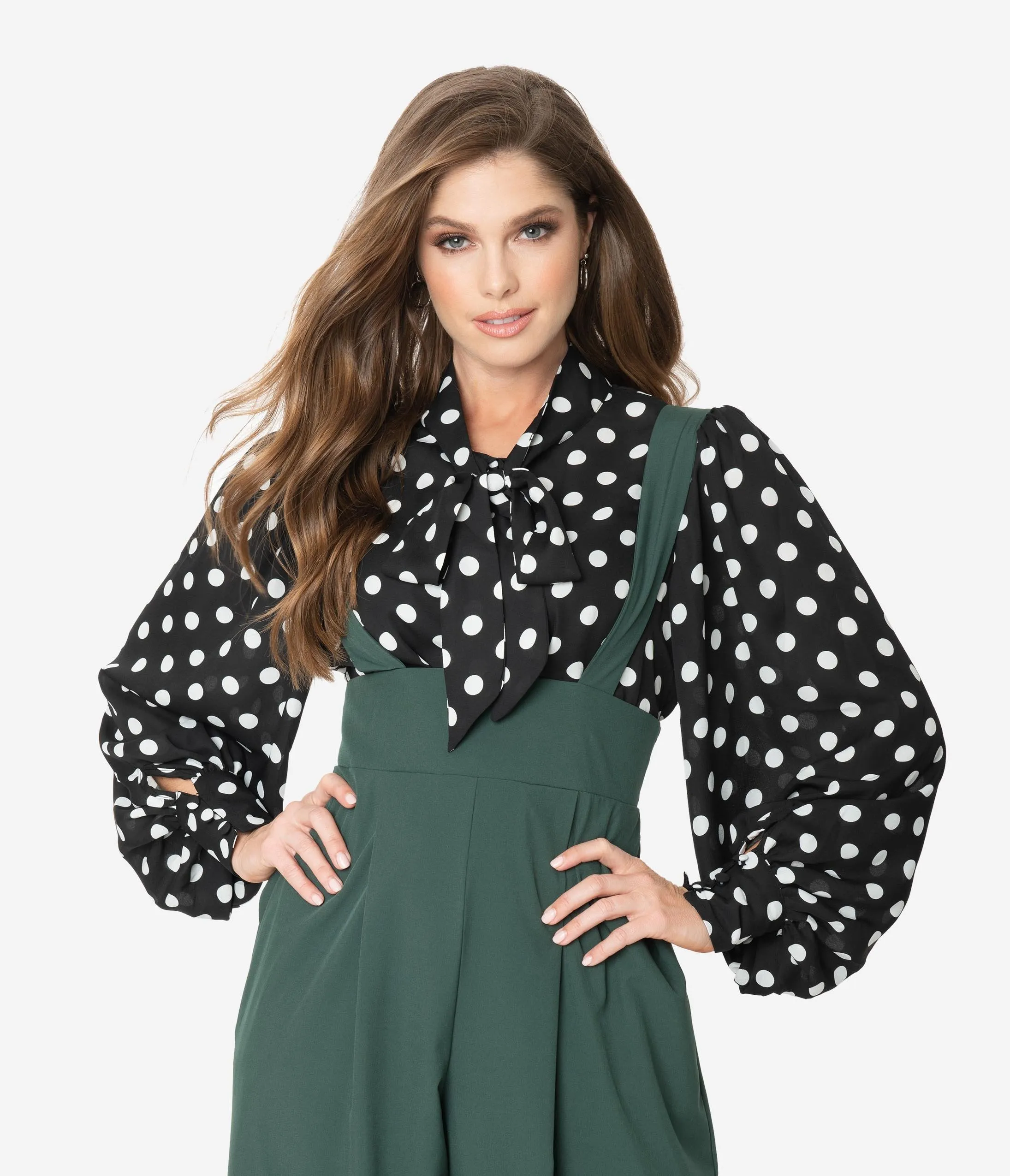 Unique Vintage Black & White Polka Dot Neck Tie Gwen Blouse