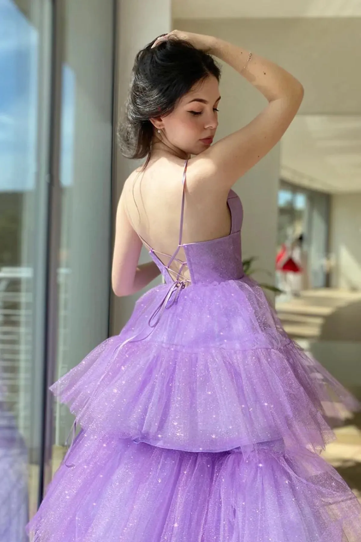 V Neck Purple High Low Prom Dresses, Purple High Low Formal Homecoming Dresses