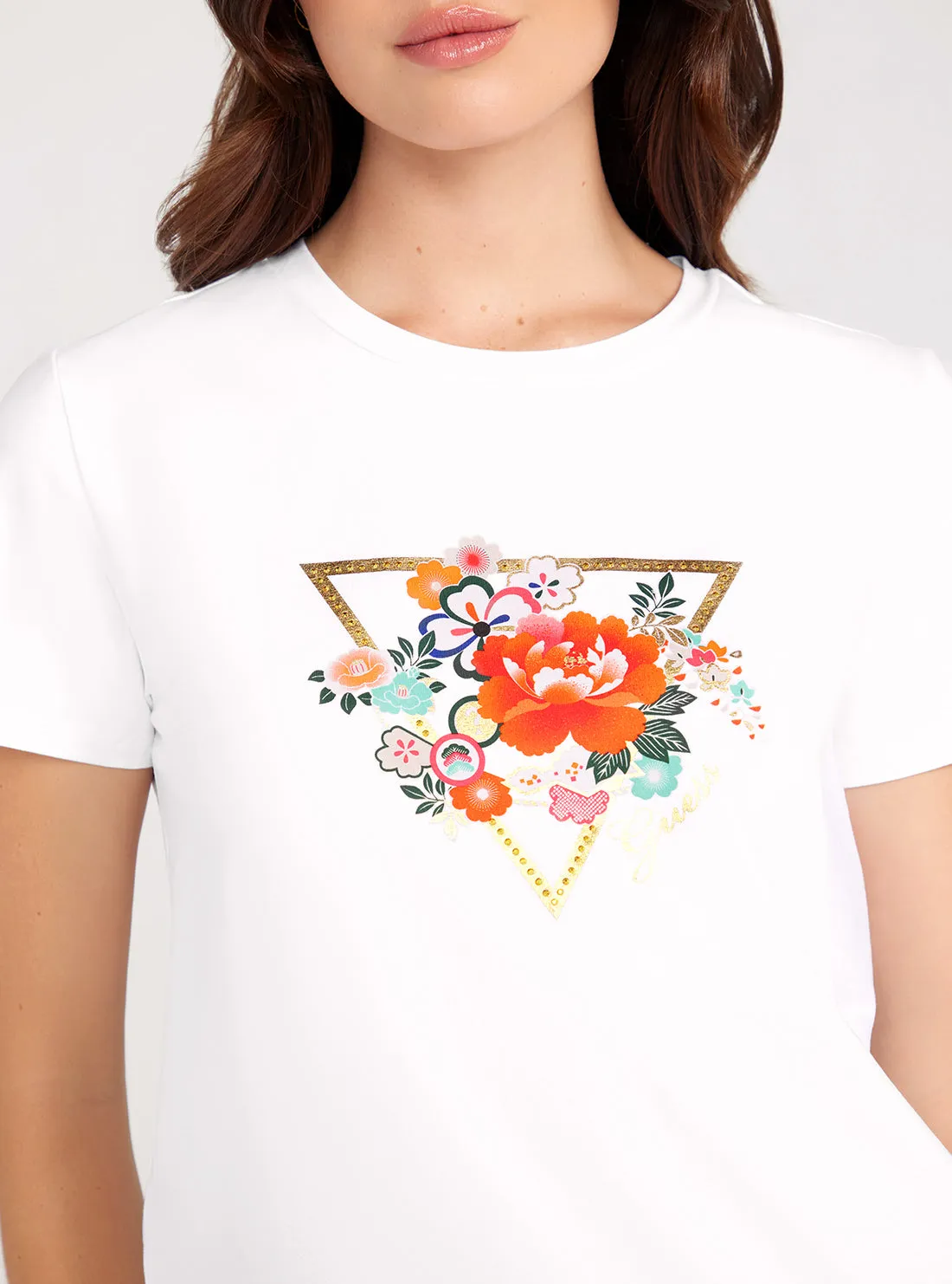 White Short Sleeve Flower Logo Easy T-Shirt