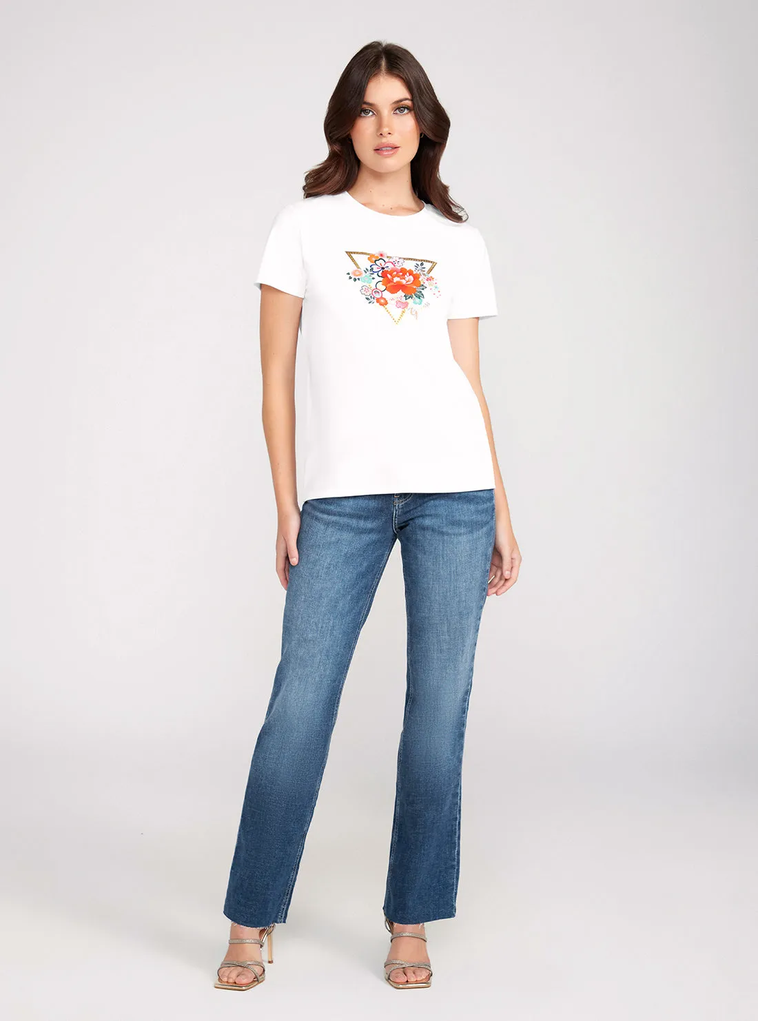 White Short Sleeve Flower Logo Easy T-Shirt