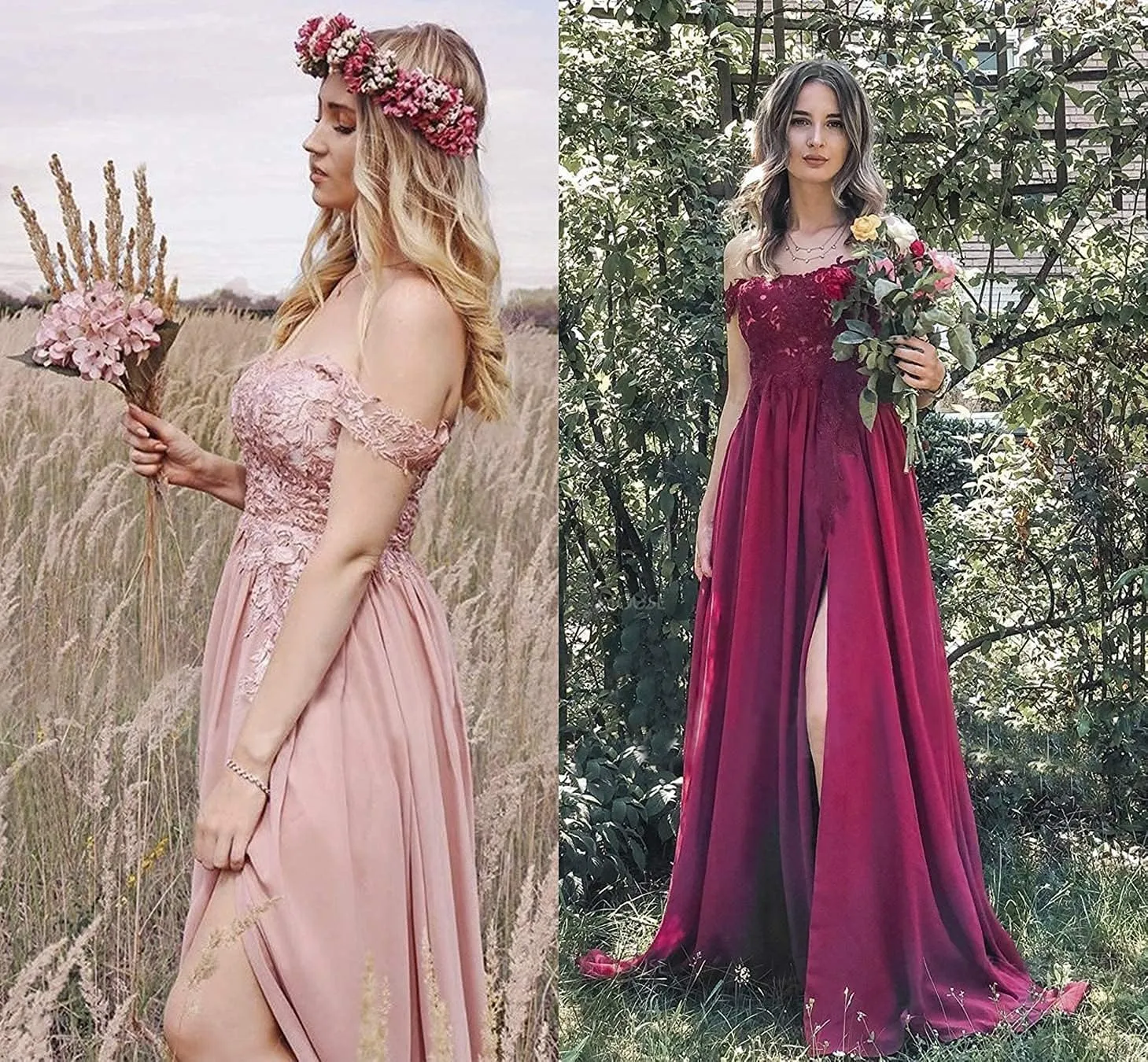 Women Lace Appliqued Formal Dress Off Shoulder Long Chiffon Bridesmaid Dress Split Fairy Chiffon Evening Gown