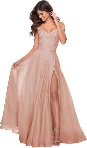 Women Lace Appliqued Formal Dress Off Shoulder Long Chiffon Bridesmaid Dress Split Fairy Chiffon Evening Gown