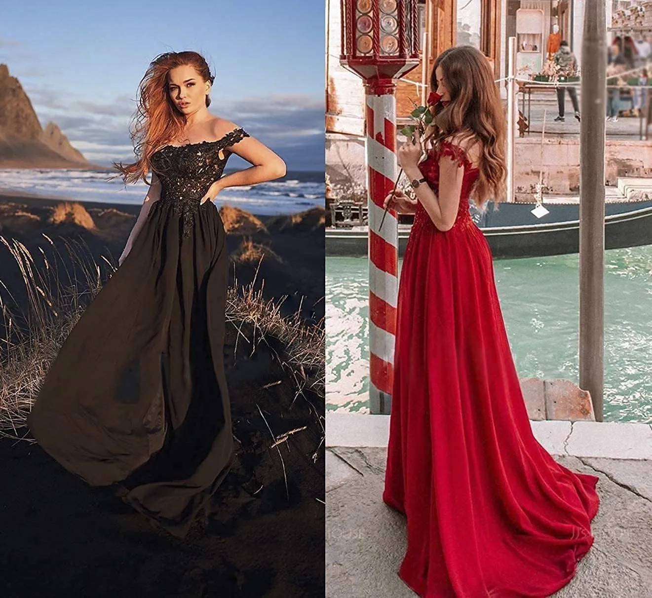 Women Lace Appliqued Formal Dress Off Shoulder Long Chiffon Bridesmaid Dress Split Fairy Chiffon Evening Gown