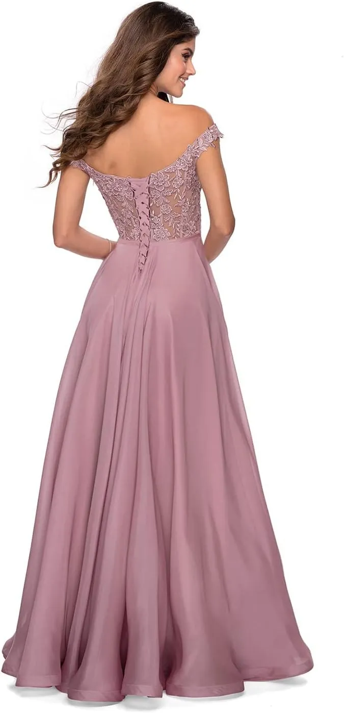 Women Lace Appliqued Formal Dress Off Shoulder Long Chiffon Bridesmaid Dress Split Fairy Chiffon Evening Gown