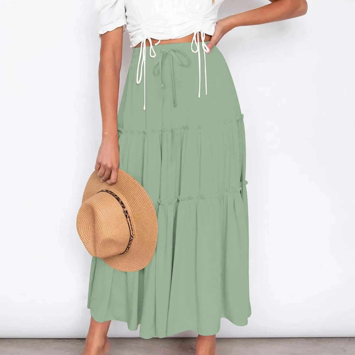 Women's 2024 Bohemian Skirt Casual Elastic High Waist Ruffle Tiered Long Skirt A Line Beach Dress Summer Skirts