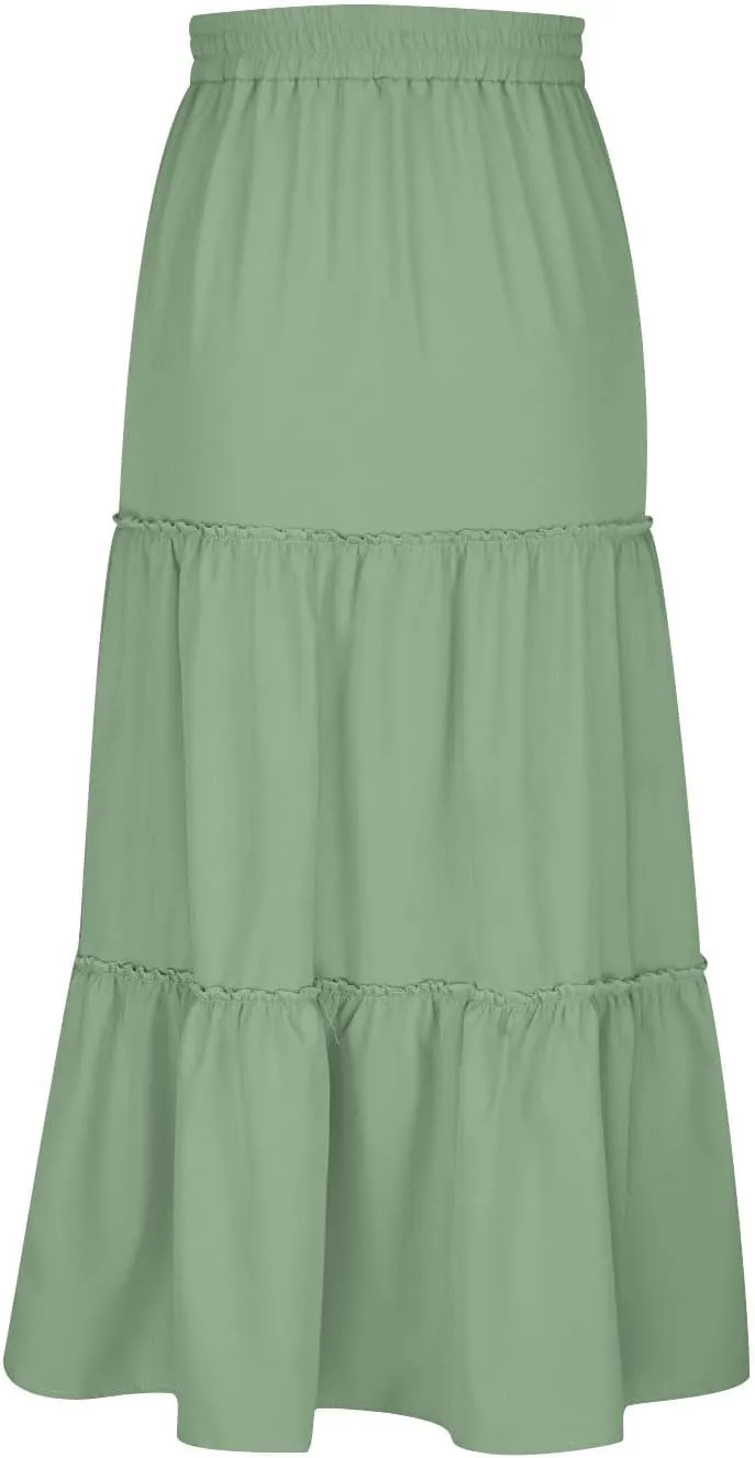 Women's 2024 Bohemian Skirt Casual Elastic High Waist Ruffle Tiered Long Skirt A Line Beach Dress Summer Skirts