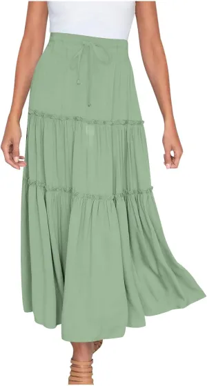 Women's 2024 Bohemian Skirt Casual Elastic High Waist Ruffle Tiered Long Skirt A Line Beach Dress Summer Skirts