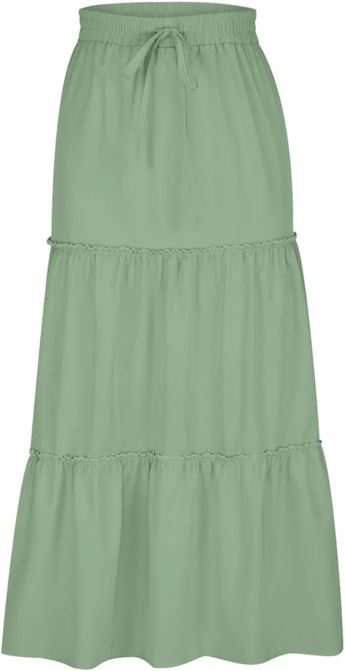 Women's 2024 Bohemian Skirt Casual Elastic High Waist Ruffle Tiered Long Skirt A Line Beach Dress Summer Skirts