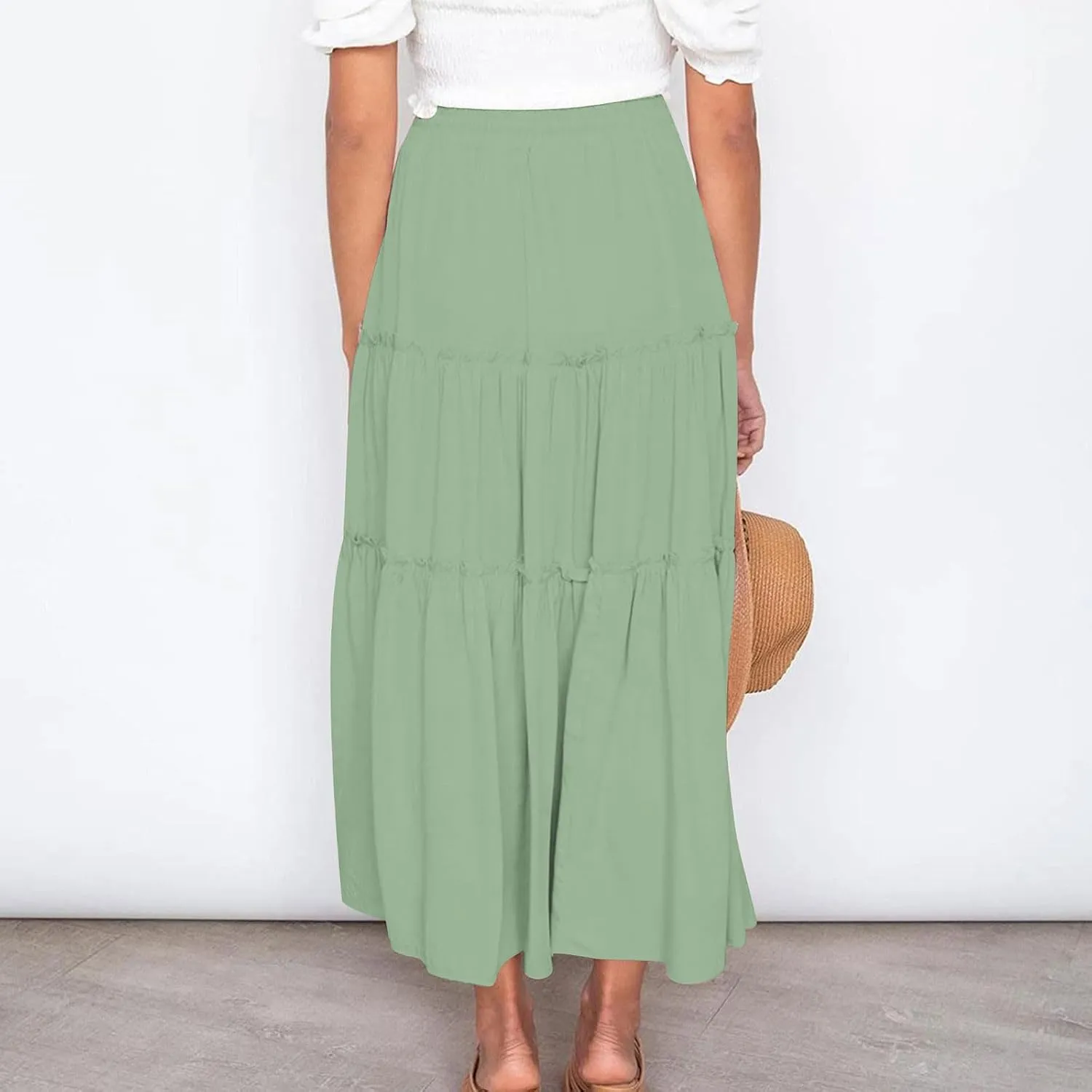 Women's 2024 Bohemian Skirt Casual Elastic High Waist Ruffle Tiered Long Skirt A Line Beach Dress Summer Skirts