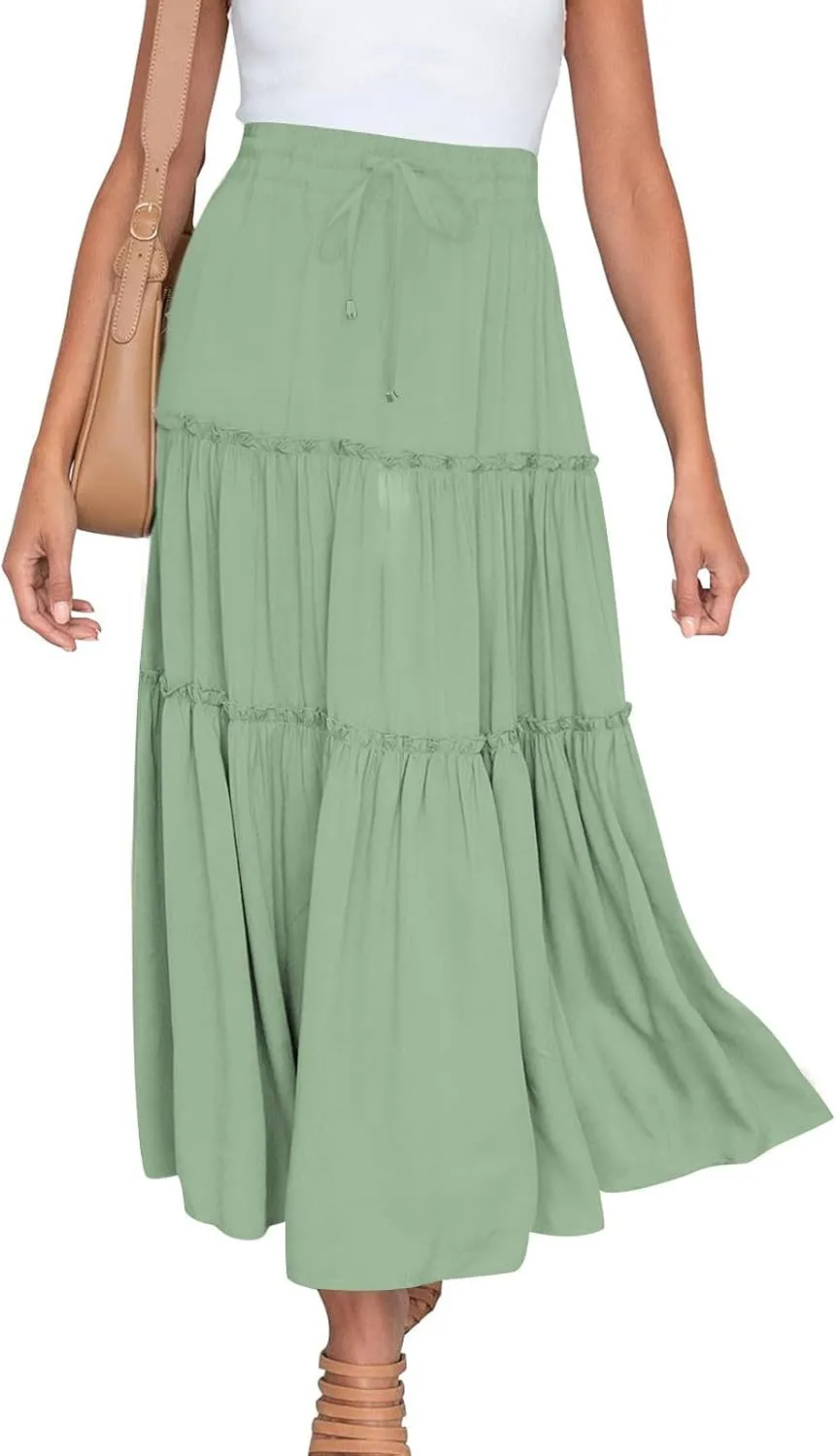Women's 2024 Bohemian Skirt Casual Elastic High Waist Ruffle Tiered Long Skirt A Line Beach Dress Summer Skirts
