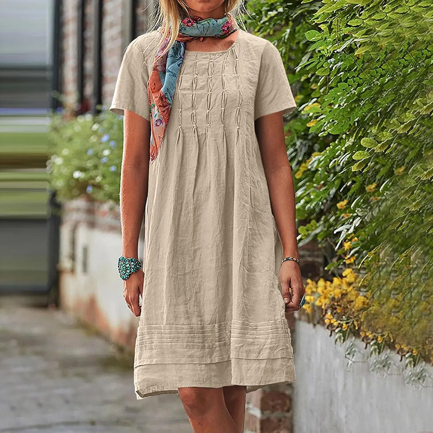 Women's Cotton Linen Midi Dress Plus Size Cap Sleeve Pleated Summer Dresses Vacation 2025 Crew Neck Casual Sundress Fashion