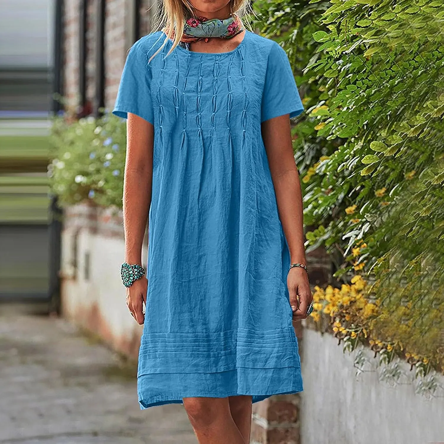 Women's Cotton Linen Midi Dress Plus Size Cap Sleeve Pleated Summer Dresses Vacation 2025 Crew Neck Casual Sundress Fashion