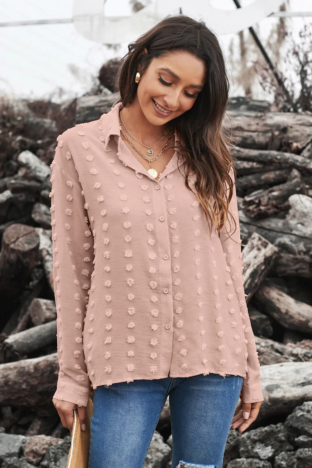Women's Elegant Khaki Long Sleeve Button Fuzzy Polka Dot Shirt