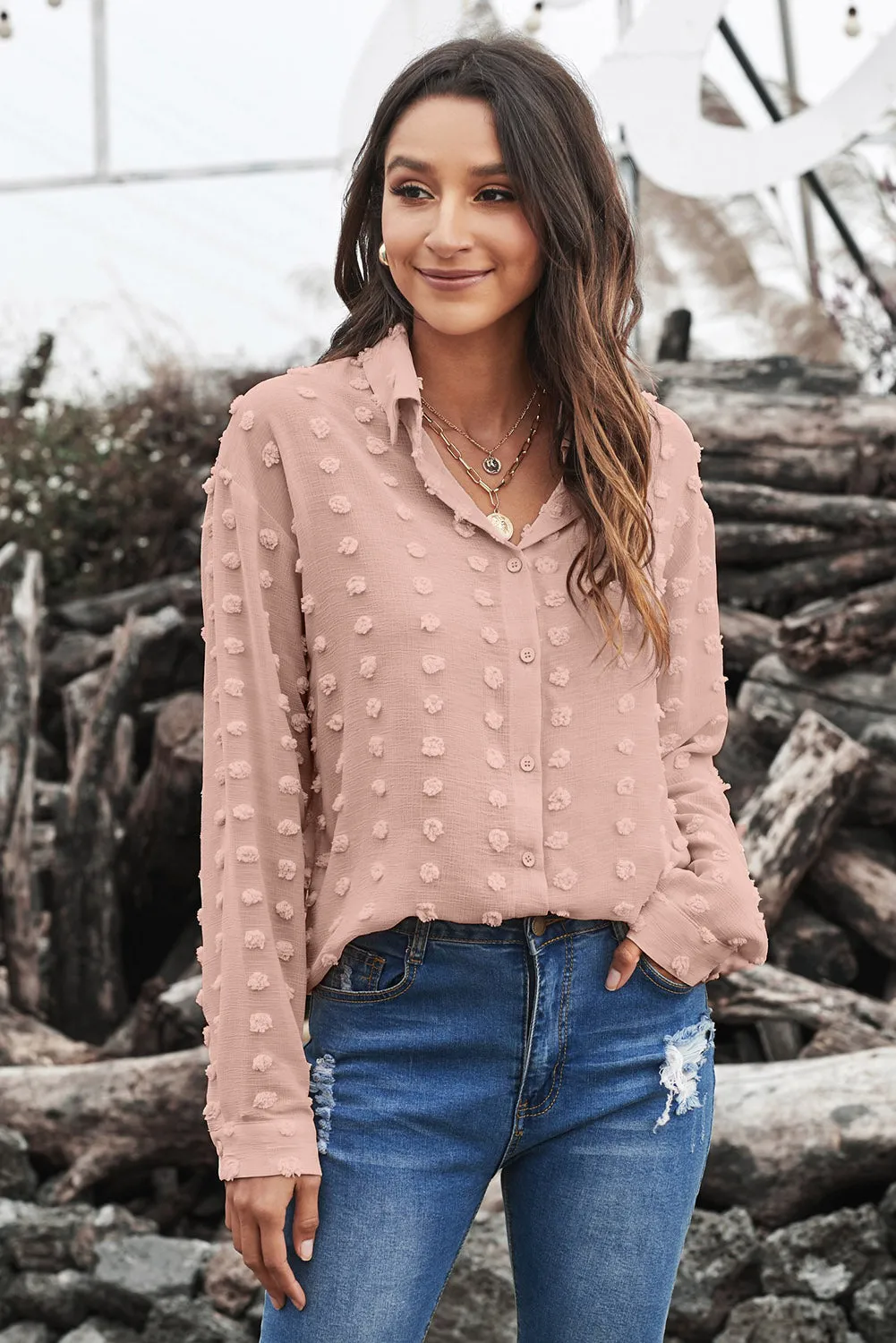 Women's Elegant Khaki Long Sleeve Button Fuzzy Polka Dot Shirt