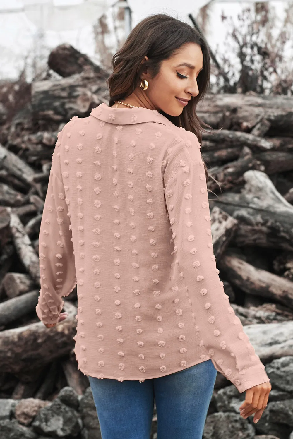 Women's Elegant Khaki Long Sleeve Button Fuzzy Polka Dot Shirt