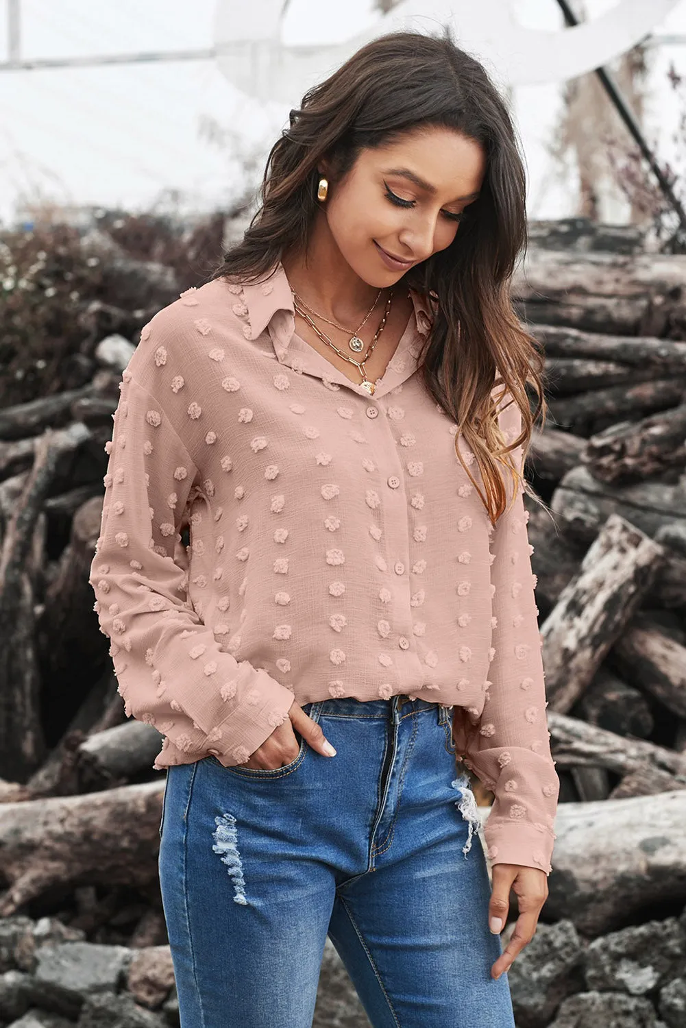 Women's Elegant Khaki Long Sleeve Button Fuzzy Polka Dot Shirt